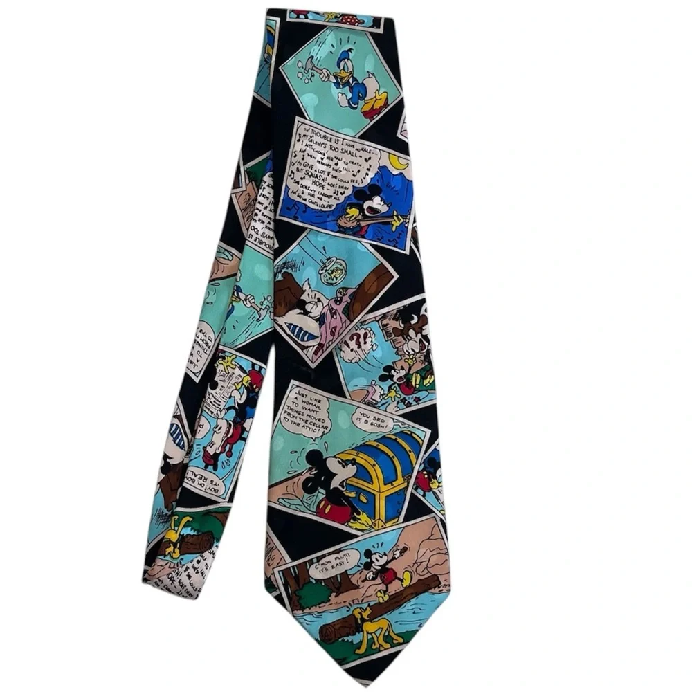 Disney Store Silk Tie Vintage Mickey Minnie Donald Pluto Cartoon Strip Design